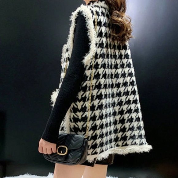 Multicolor Preppy Womens Houndstooth Pattern Raw Trim Dual Pocket Sweater Vest - Picture 3 of 4